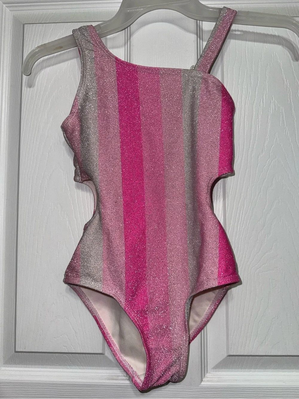 Betsey Johnson Swimsuit Glitter Stripe Girls Sparkle Pink Cut Out One Piece Sz 8